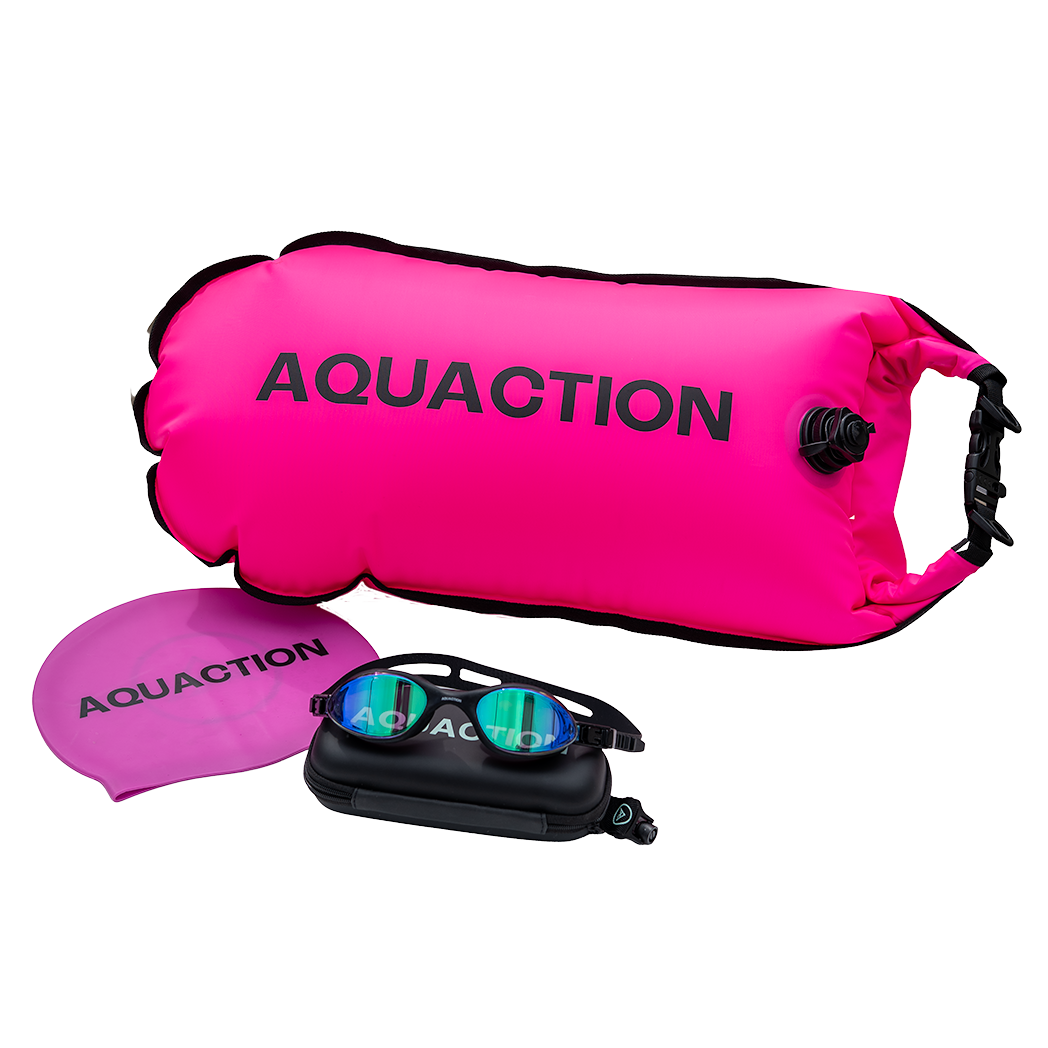 Open water swimming package, pink - safety buoy, AquaX open water swimming goggles, swimming goggles case and clear swimming cap
