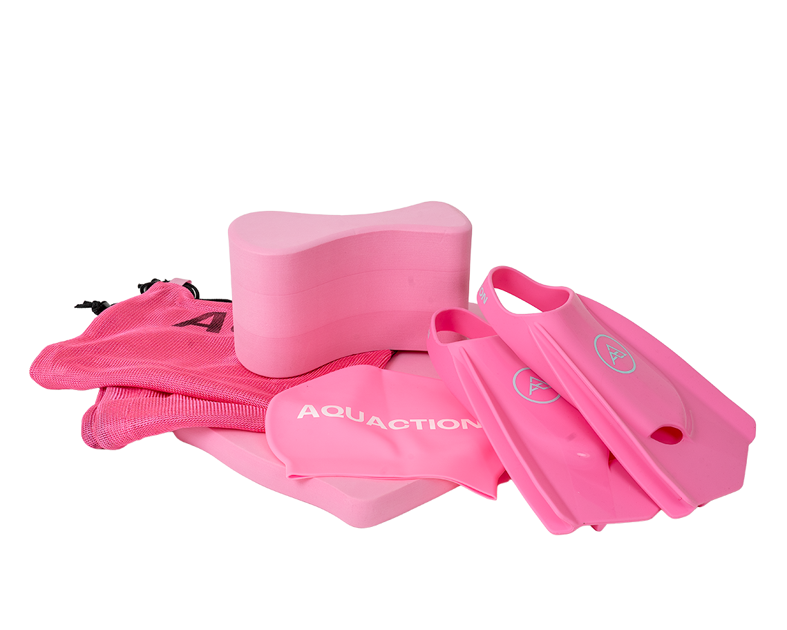 Aquaction Product Package, Pink - Fins, Kickboard, Pull Buoy, Swim Cap & Mesh Bag