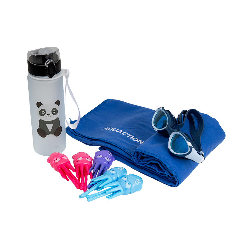 Aquaction lasten tuotepaketti, sininen - AquaJunior uimalasit, juomapullo, sukelluslelu & pyyhe