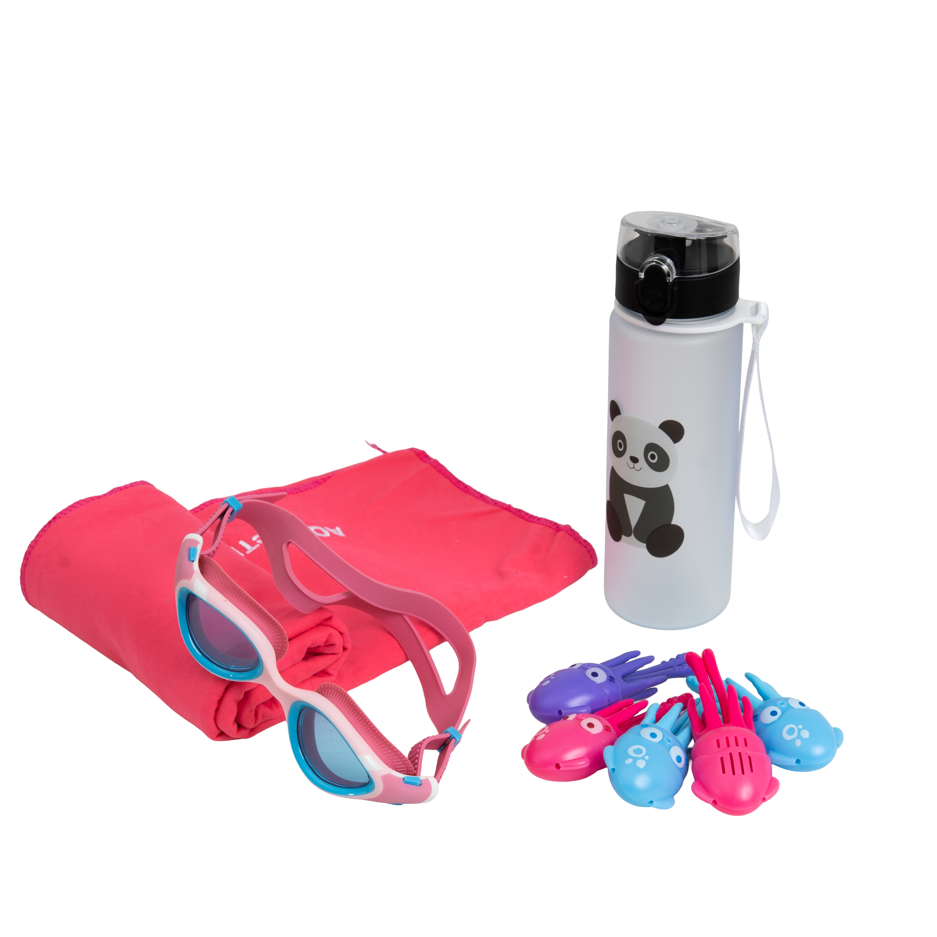Aquaction lasten tuotepaketti, pinkki - AquaJunior uimalasit, juomapullo, sukelluslelu & pyyhe