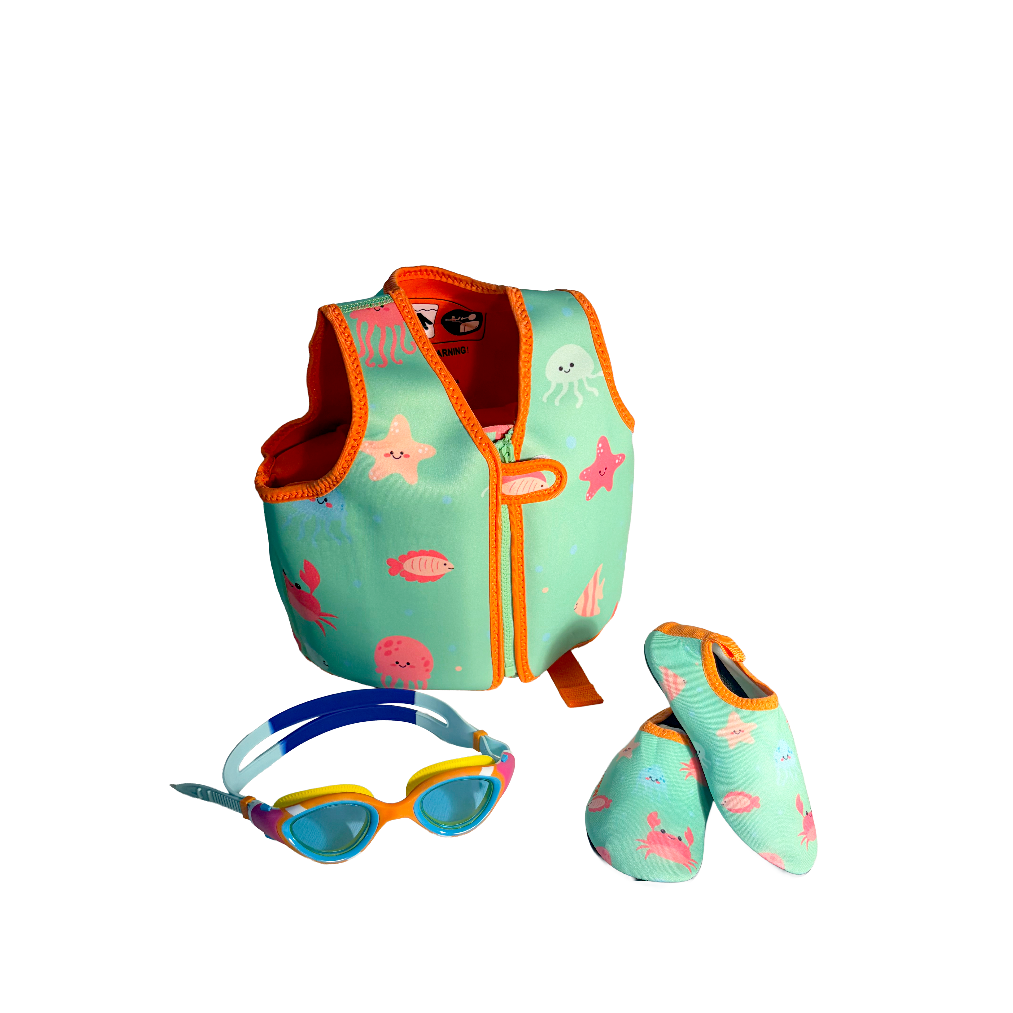 Aquaction lasten tuotepaketti - AquaJunior uimalasit, Aqua Float Vest uimaliivi & AquaPlay uimatossut