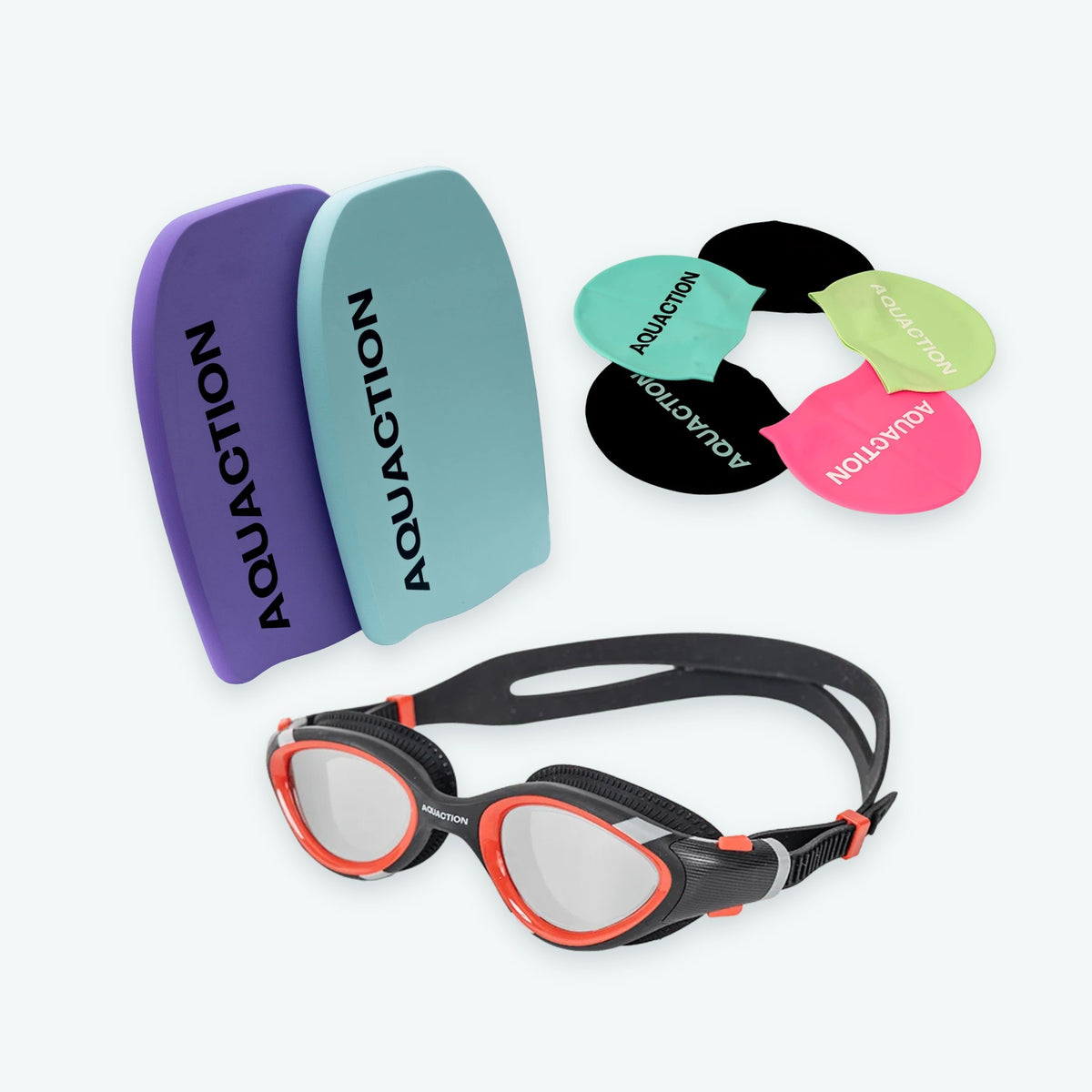 Aquaction Aloittajan setti: AquaCore 2.0 Mirror uimalasit hopea-punainen, uimalakki ja Aqua Kickboard 2.0 uimalauta
