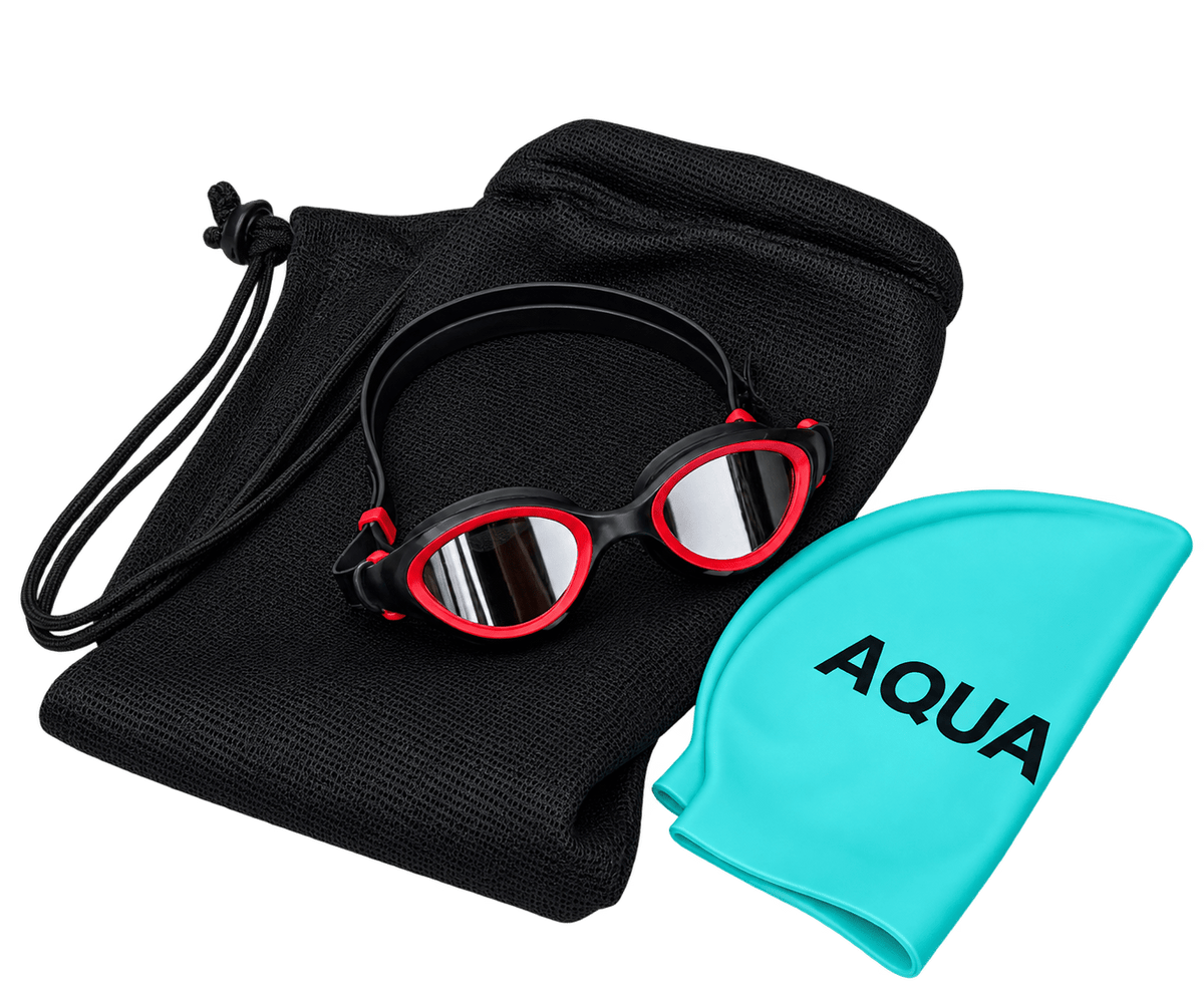 Aquaction Aloittajan setti - AquaCore 2.0 Mirror uimalasit hopea-punainen, uimalakki & varustekassiAquaction
