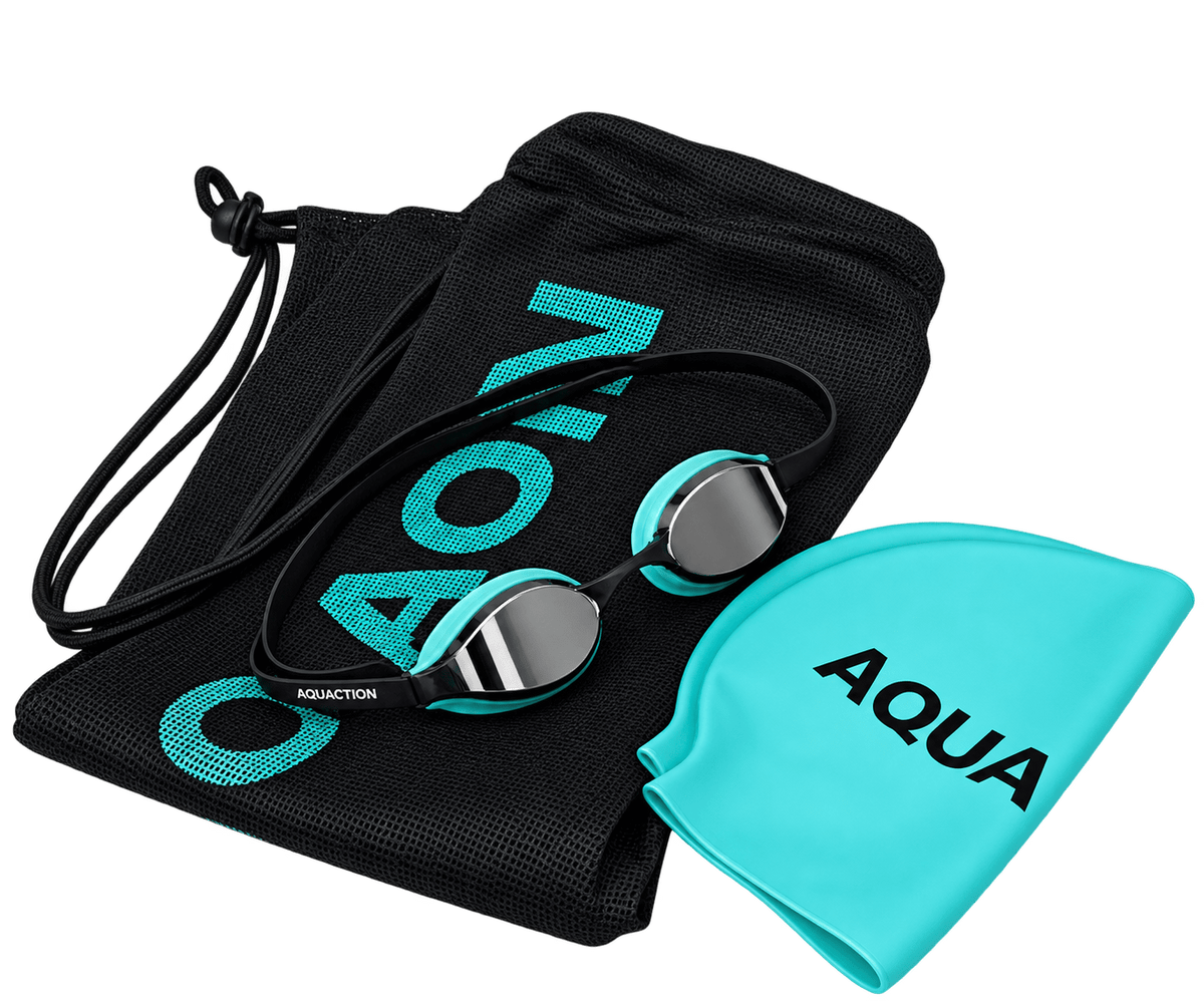 Aquaction Aloittajan setti - AquaPulse Mirror uimalasit hopea-minttu, uimalakki & varustekassiAquaction.fi