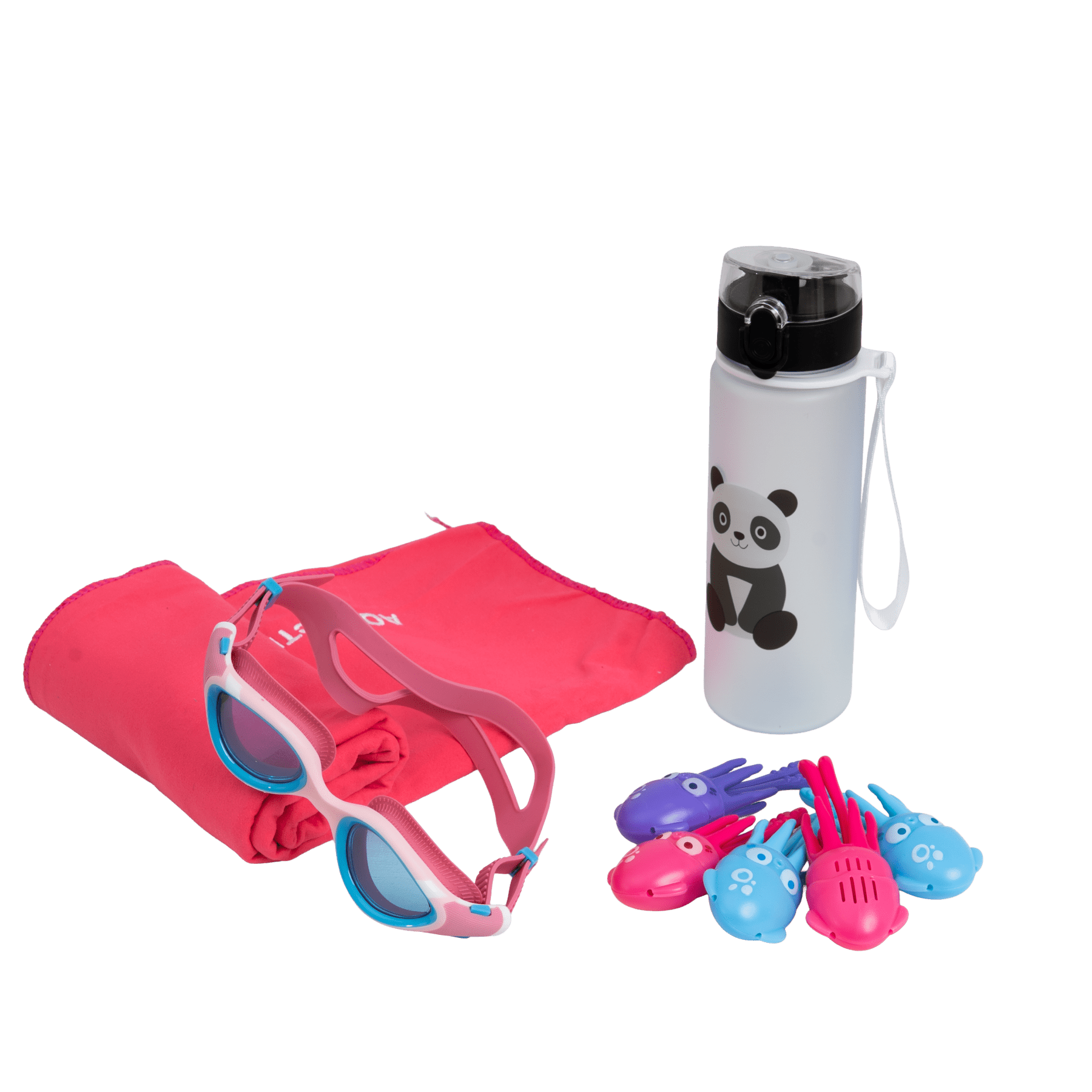Aquaction lasten tuotepaketti, pinkki - AquaJunior uimalasit, juomapullo, sukelluslelu & pyyheAquaction