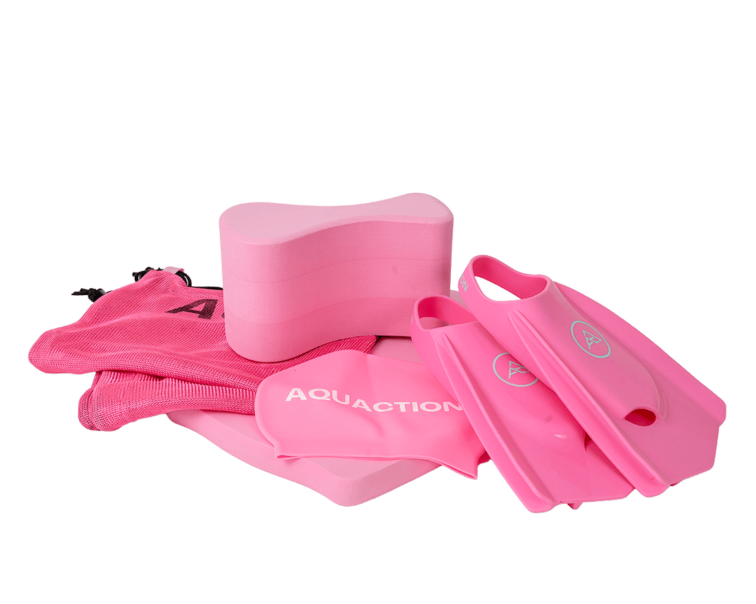 Aquaction tuotepaketti, pinkki - räpylät, uimalauta, pullari, uimalakki & meshbagAquaction