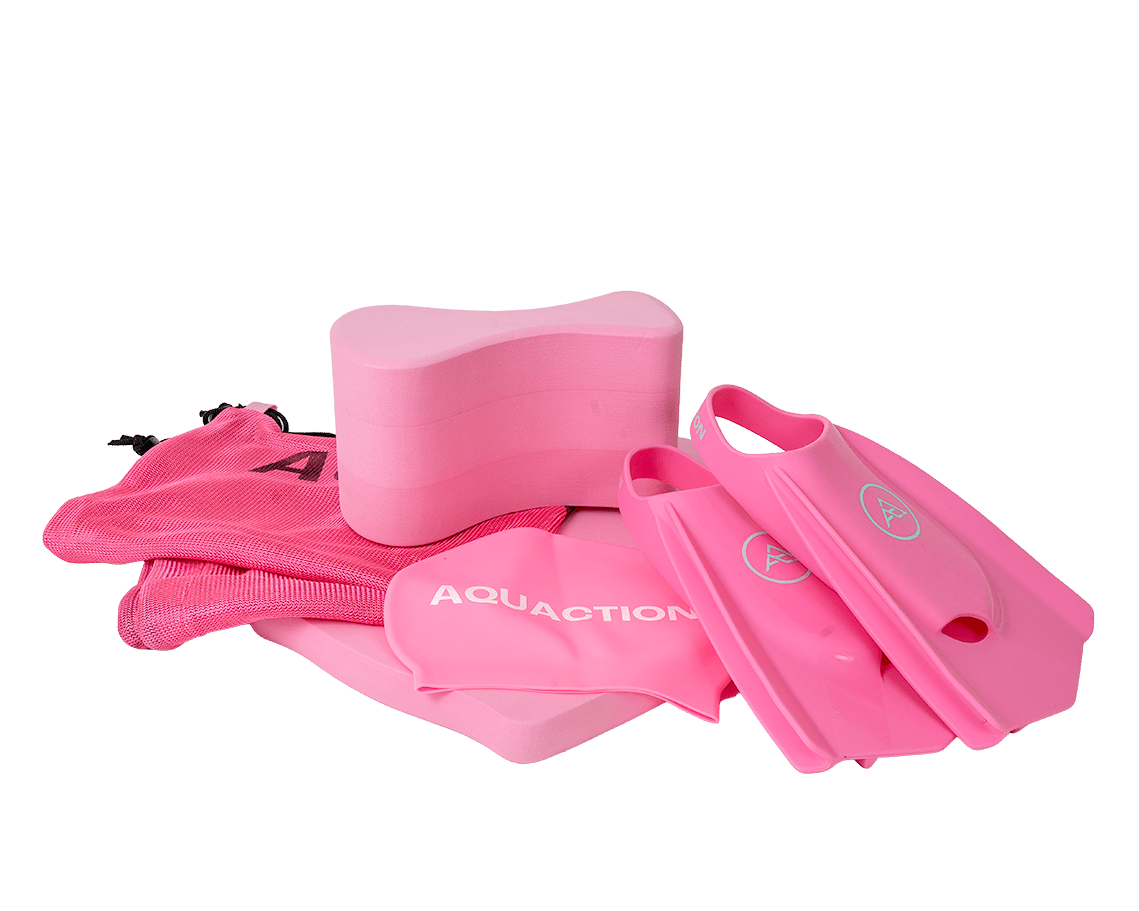 Aquaction tuotepaketti, pinkki - räpylät, uimalauta, pullari, uimalakki & meshbagAquaction