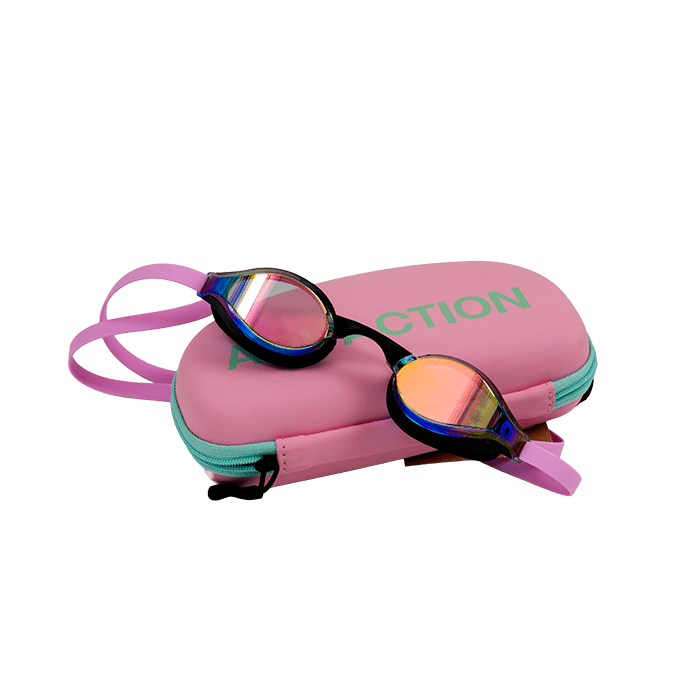 Aquaction uimalasipaketti, pinkki - AquaPulse Mirror uimalasit, kulta - pinkki & uimalasikoteloAquaction