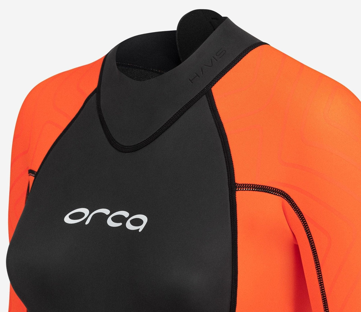 Vitalis Openwater Hi-Vis naisten märkäpuku, oranssit näkyvyyspaneelit lähikuvassa - Orca
