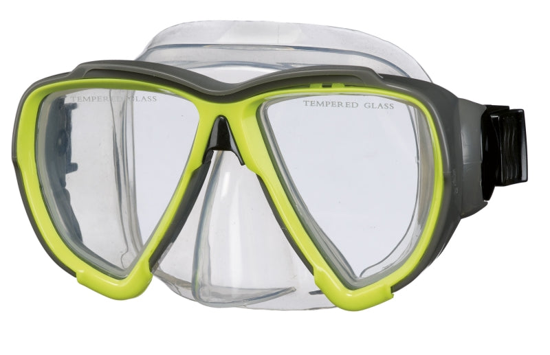 Aquaction harmaa/keltainen sukellusmaski silikonireunuksella snorklaukseen ja sukellukseen