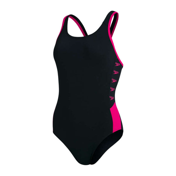 Boom Logo Splice Muscleback baddräkt för kvinnor, svart-rosa